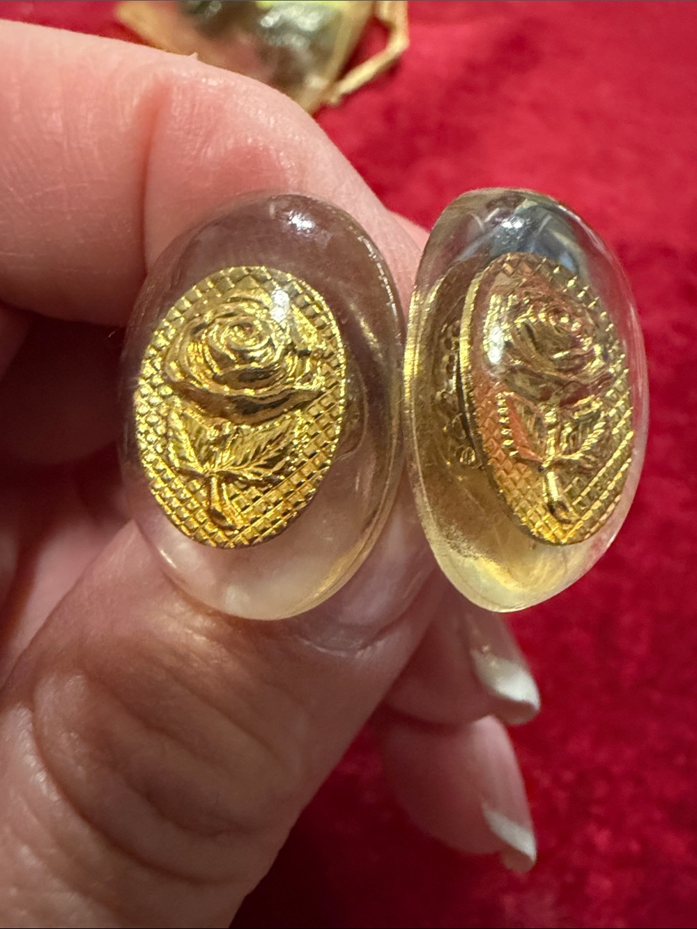 Vintage Gold Rose Oval Cabochon Earrings - Clear Resin pierced great condition